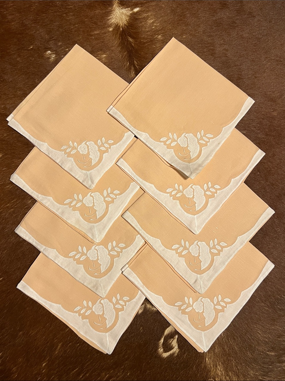 Peach Floral Embroidered Cocktail Napkins - Set of 8